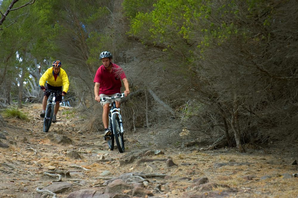 2 people riding down bike trail